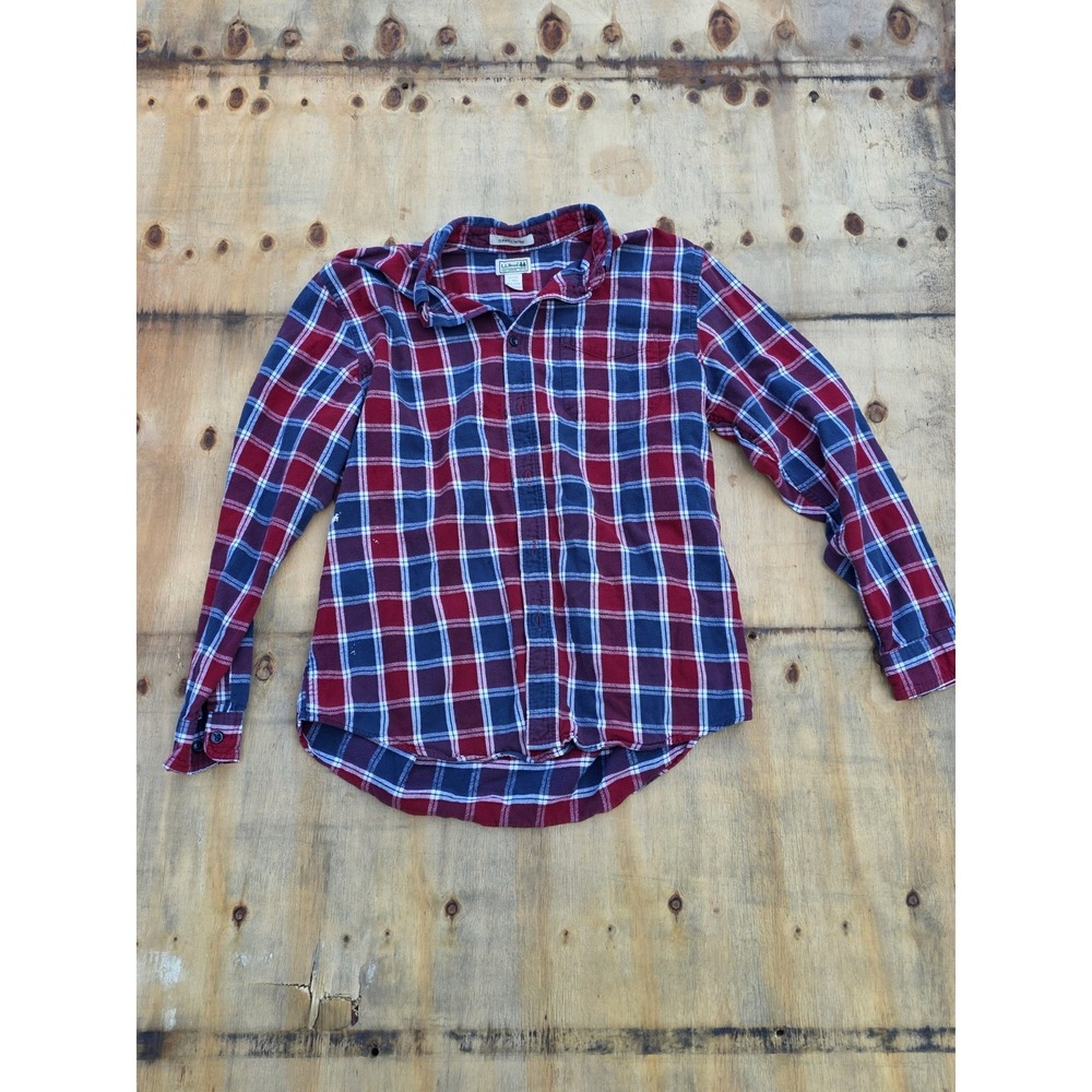 LL Bean Scotch Plaid Flannel Button Down Red White Blue Slightly Fitted Large
